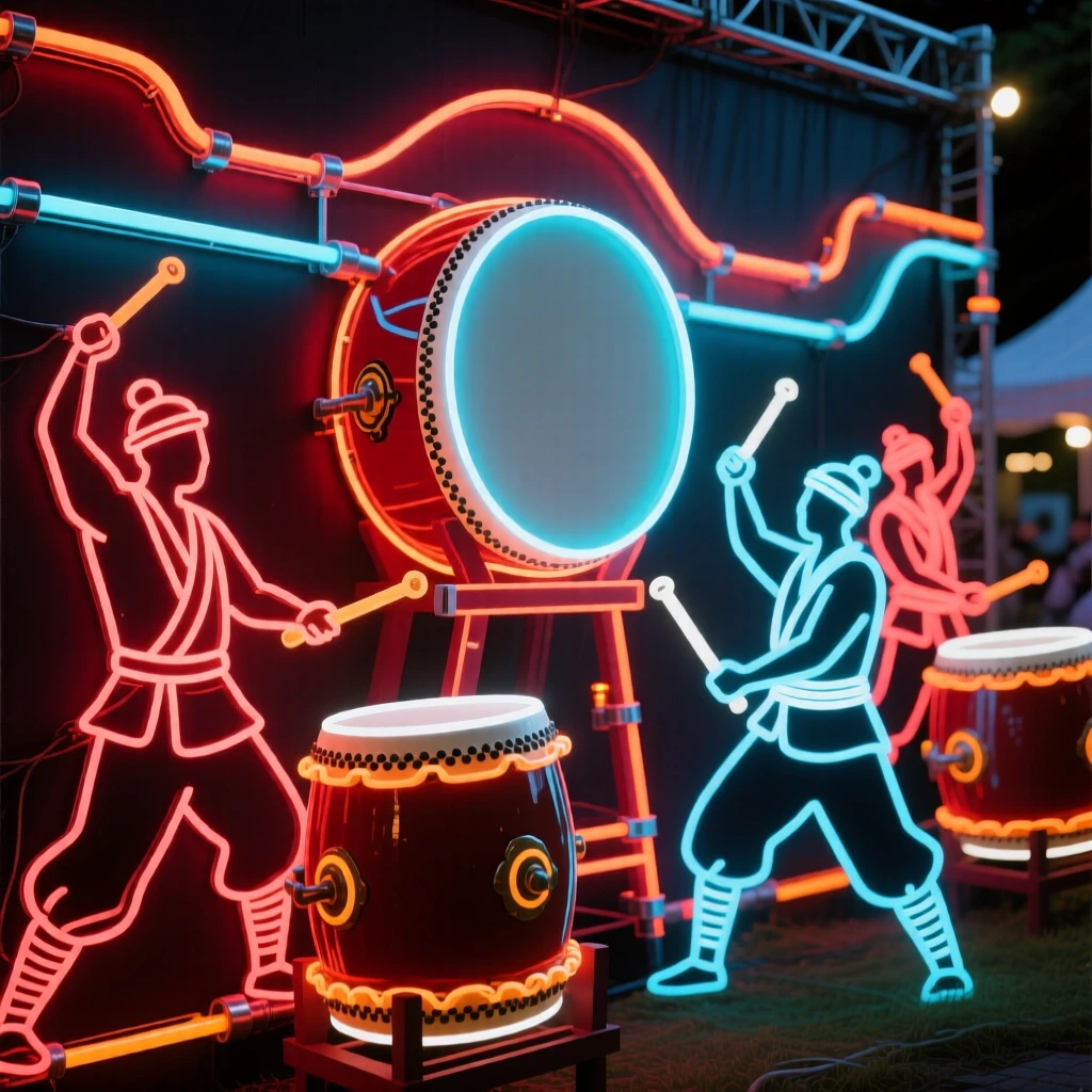A group of taiko drummers performing at an outdoor summer festival.