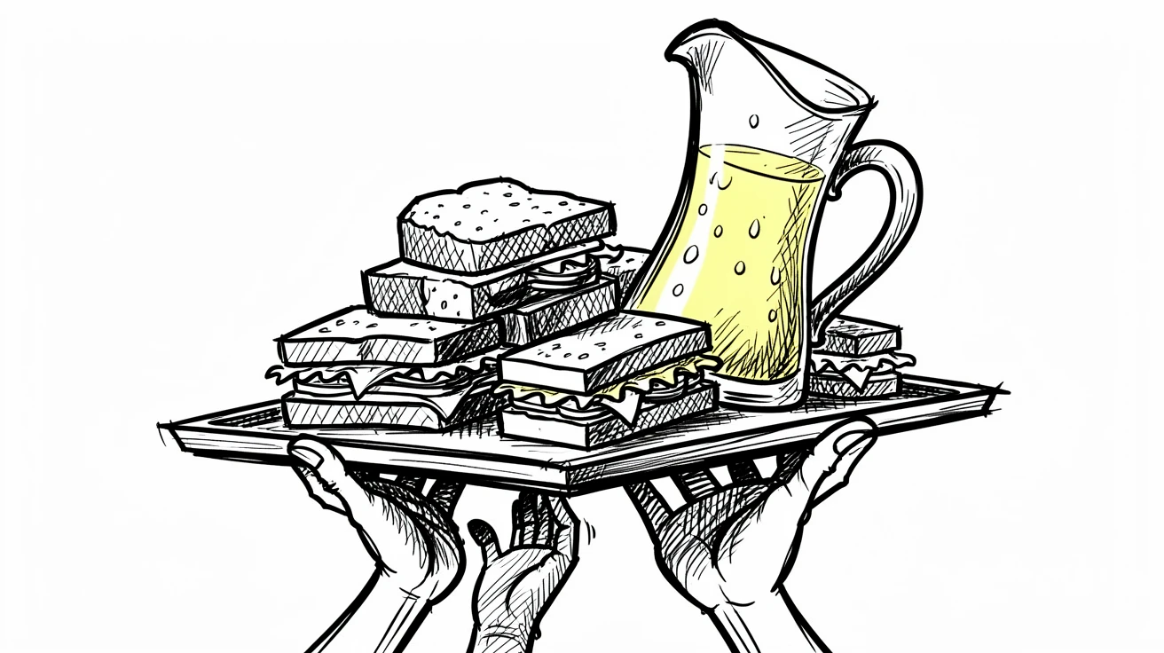 A picnic spread of sandwiches and lemonade on a tray carried to a celebration.