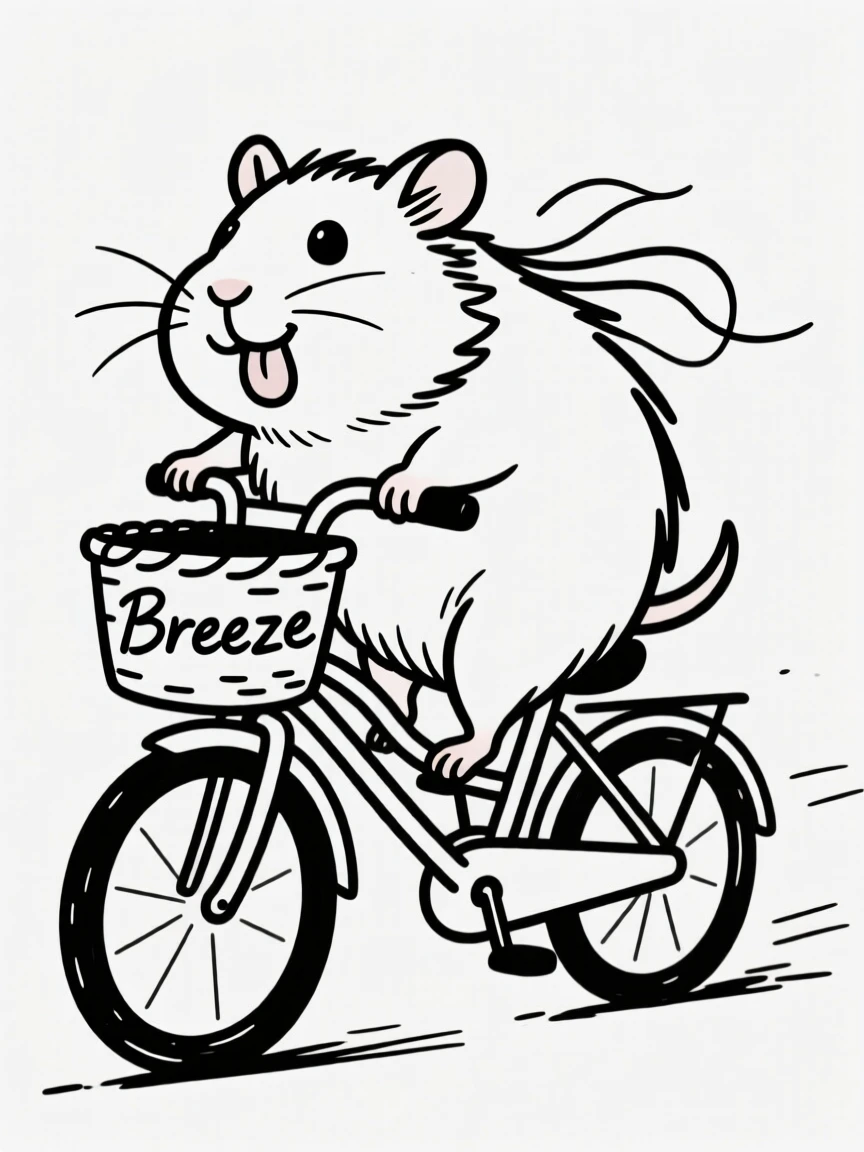 A guinea pig riding in a bicycle basket with its tongue out and wind in its fur.
