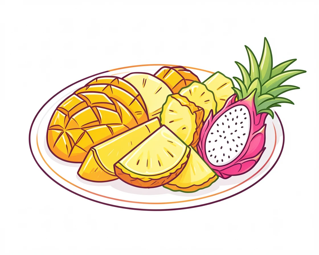 A tropical fruit platter with mango, pineapple, and dragon fruit sliced artfully.