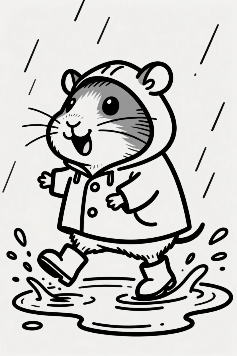 A guinea pig wearing a raincoat and tiny boots, splashing through a puddle.