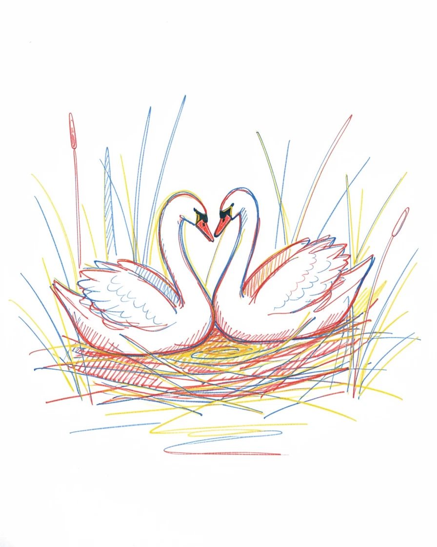 A pair of swans building a nest together among reeds at the water's edge