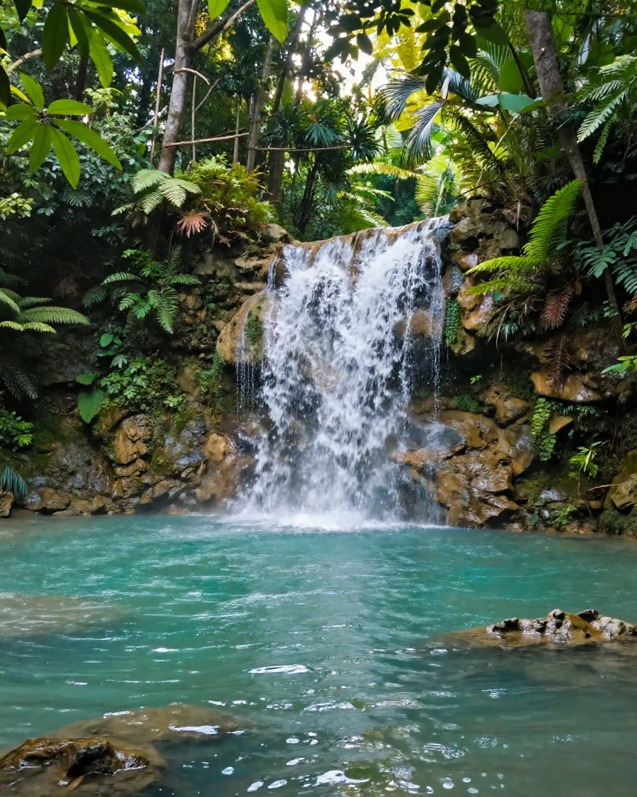 A tropical waterfall pouring into a clear turquoise pool