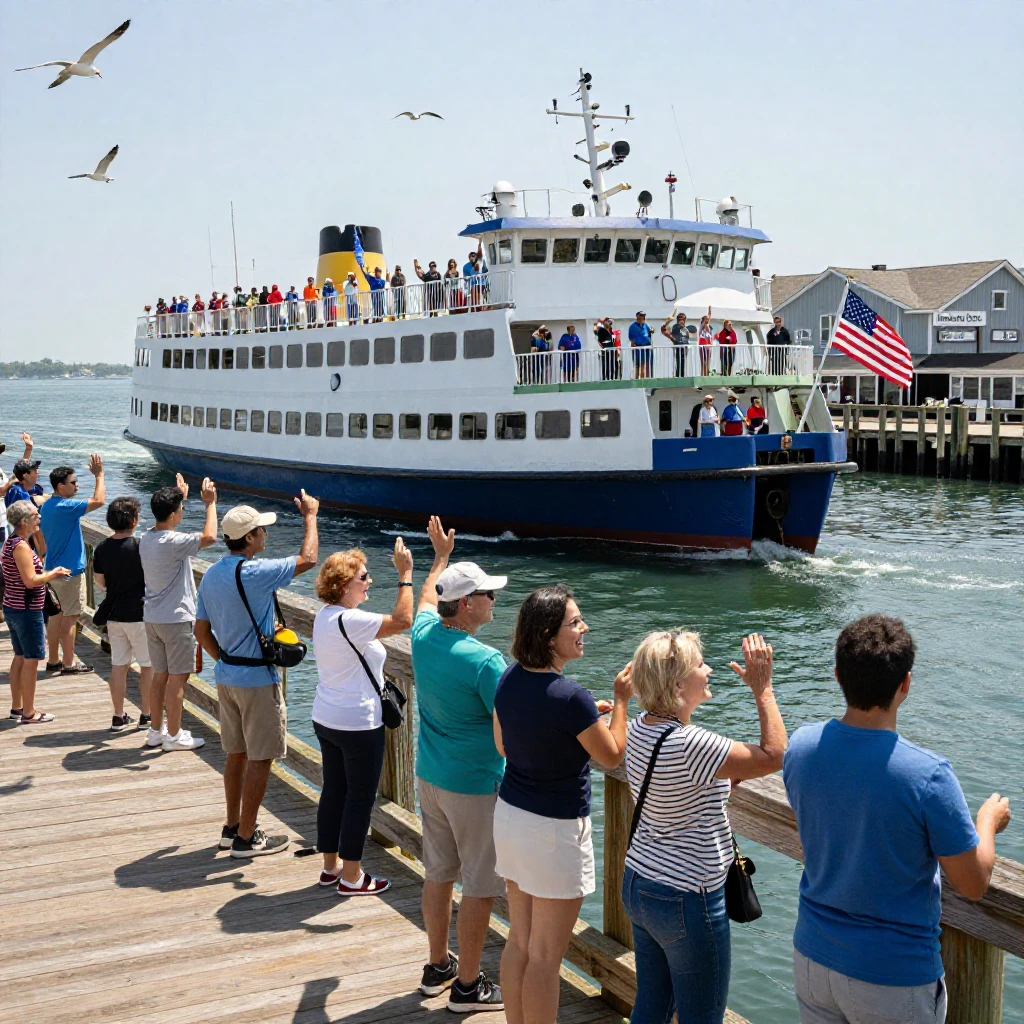 A ferry pulls away from a dock as passengers wave to those left on shore.