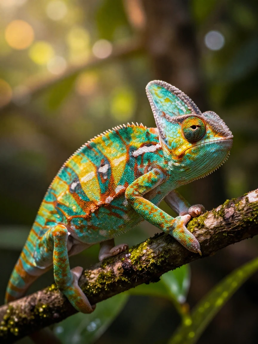 A colorful chameleon slowly climbing a branch, its eyes rotating independently