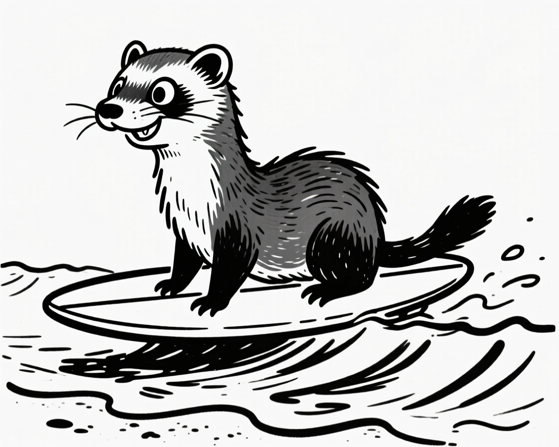 A ferret sitting on a surfboard riding a small wave at the beach.