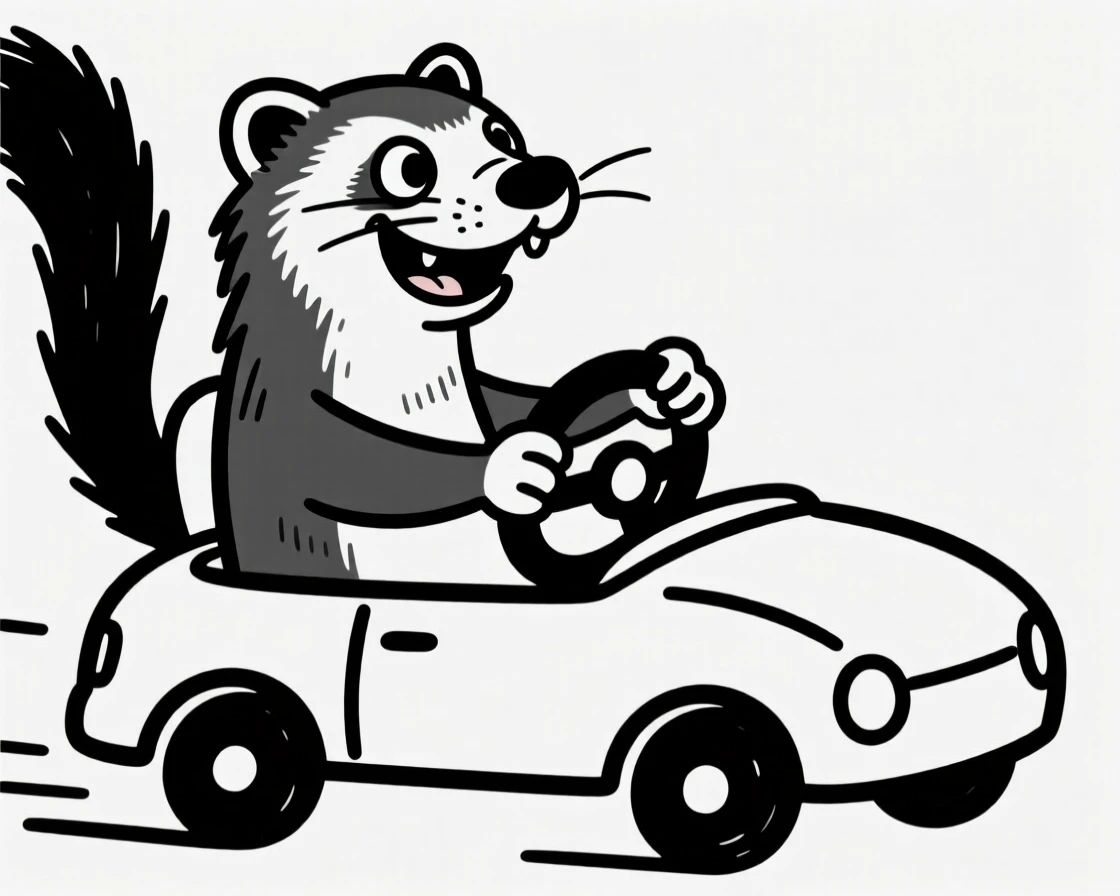 A ferret sitting in the driver's seat of a toy car, paws on the wheel.