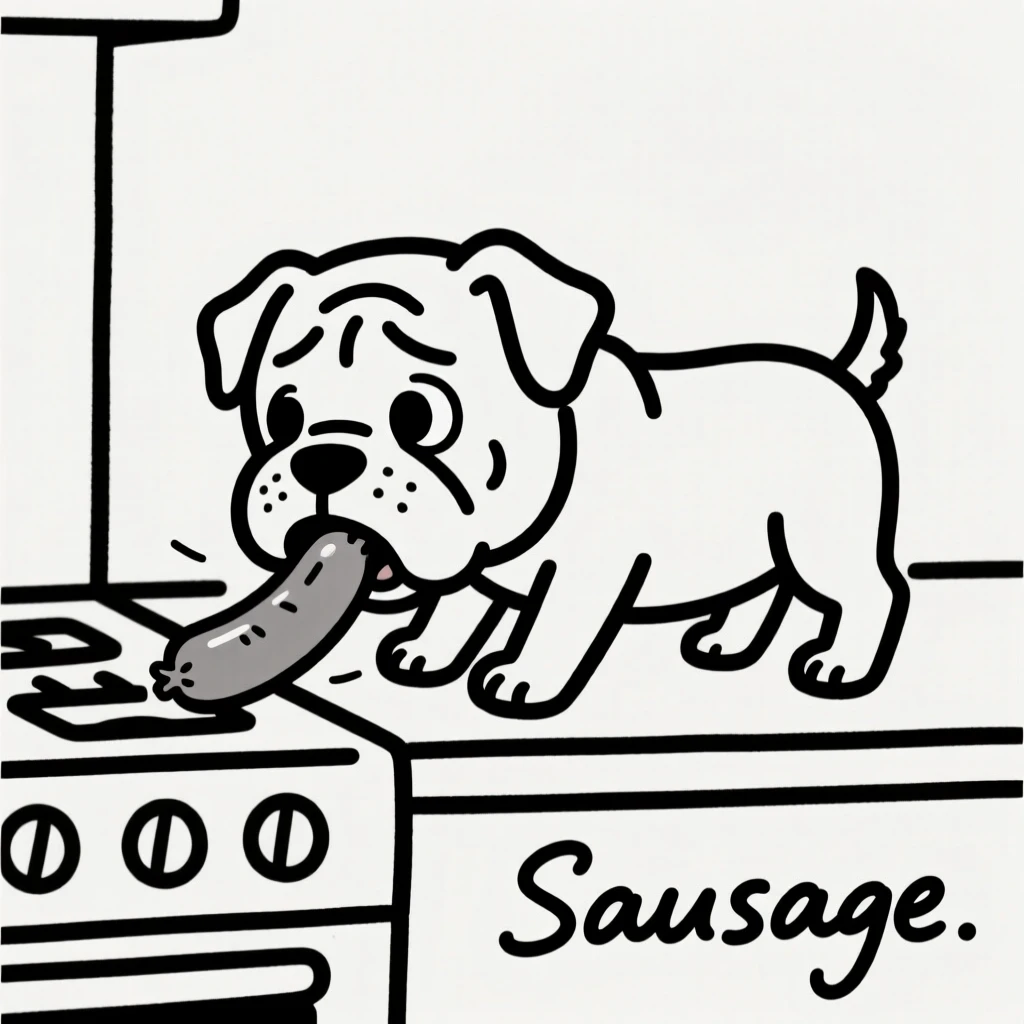 A bulldog puppy stealing a sausage off a kitchen counter, caught in the act.