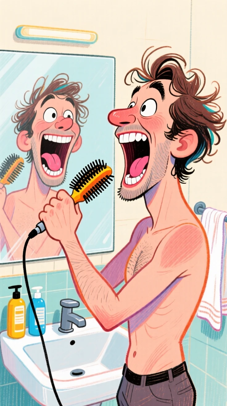 A man caught singing loudly into a hairbrush in front of a bathroom mirror.