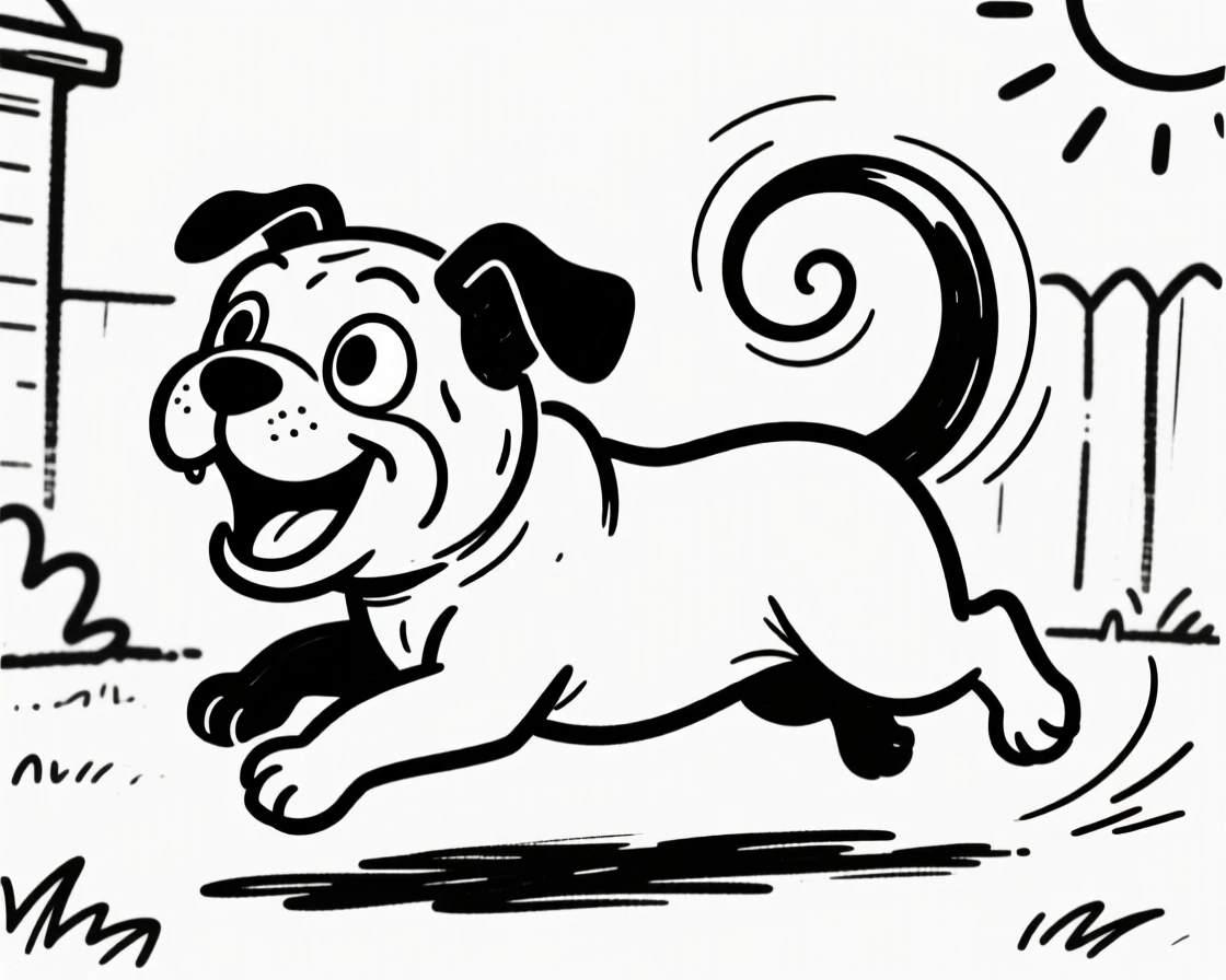A bulldog puppy chasing its own tail in a sunny backyard, ears flopping mid-spin.