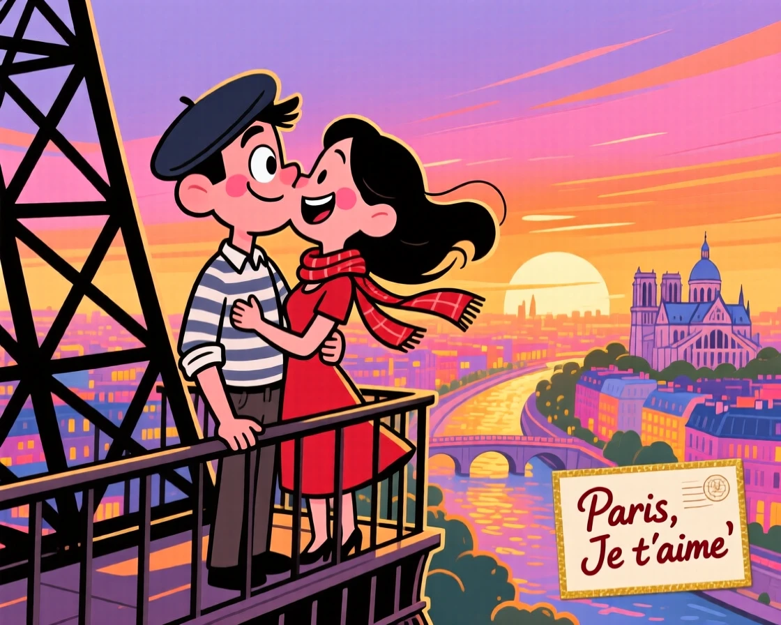 An iconic travel scene featuring a couple sharing a kiss atop the Eiffel Tower at sunset, Paris glowing below them.