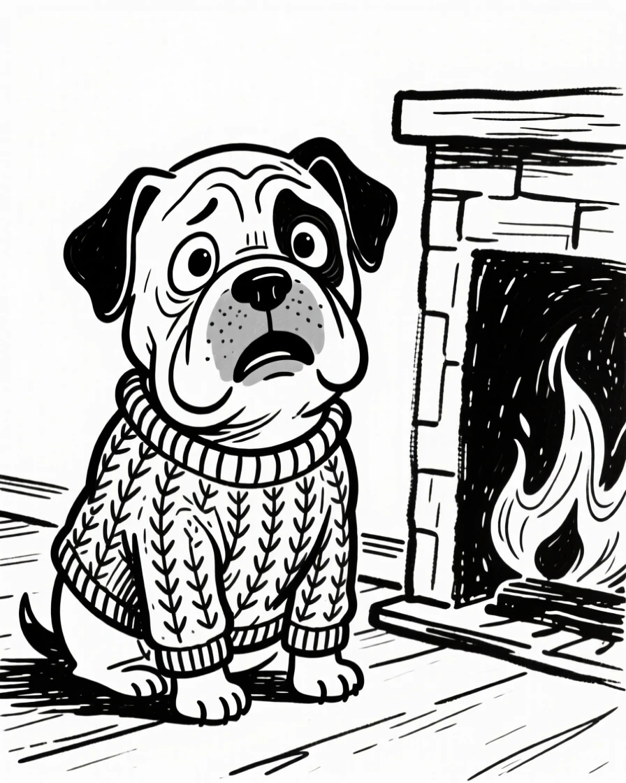 A bulldog puppy wearing a knitted sweater, shivering dramatically by a fireplace.