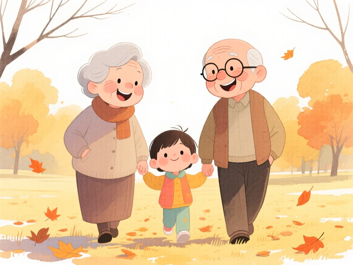 Grandparents with their grandchildren taking a walk together in a golden autumn park