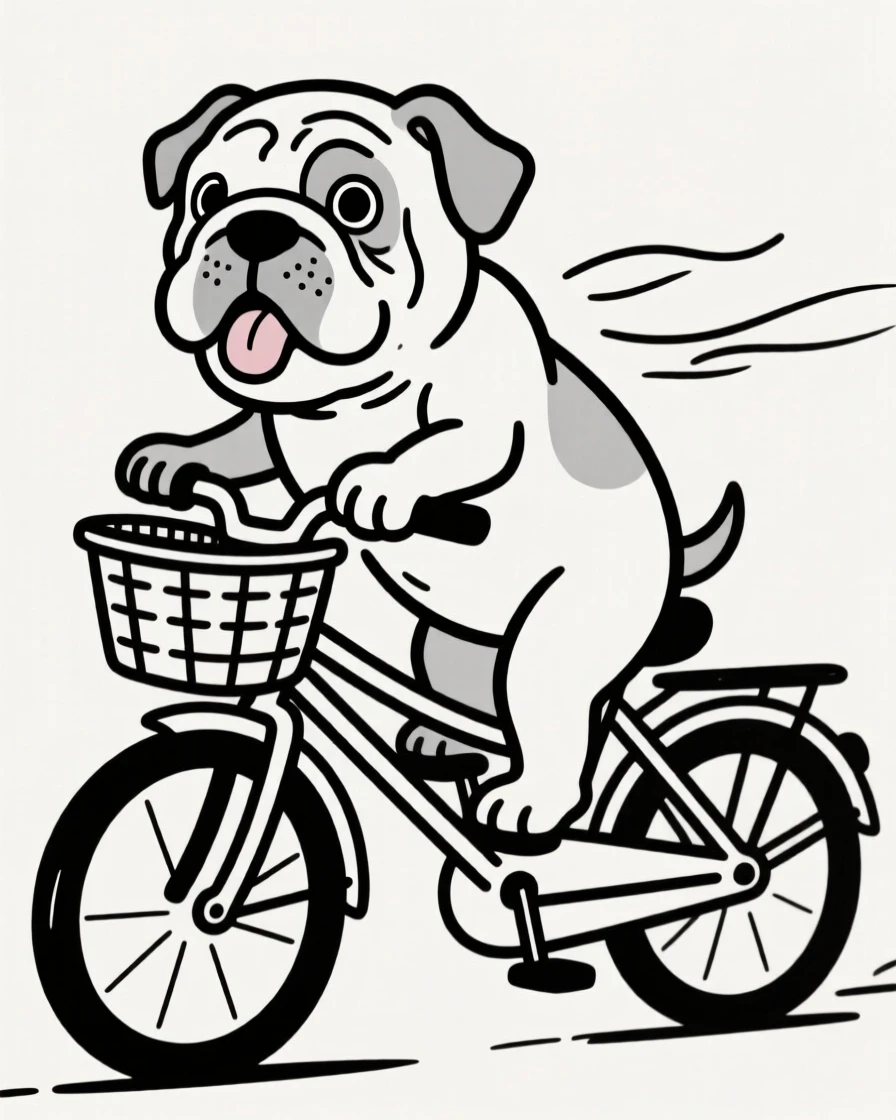A bulldog puppy riding in a bicycle basket with its tongue out and wind in its fur.