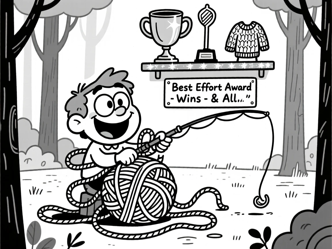 A knitter surrounded by an impossibly tangled ball of yarn, getting yanked forward by the fishing rod, set in a quiet forest clearing. A trophy shelf gleams in the background. It's a joyful celebration of trying your best, wins and all.