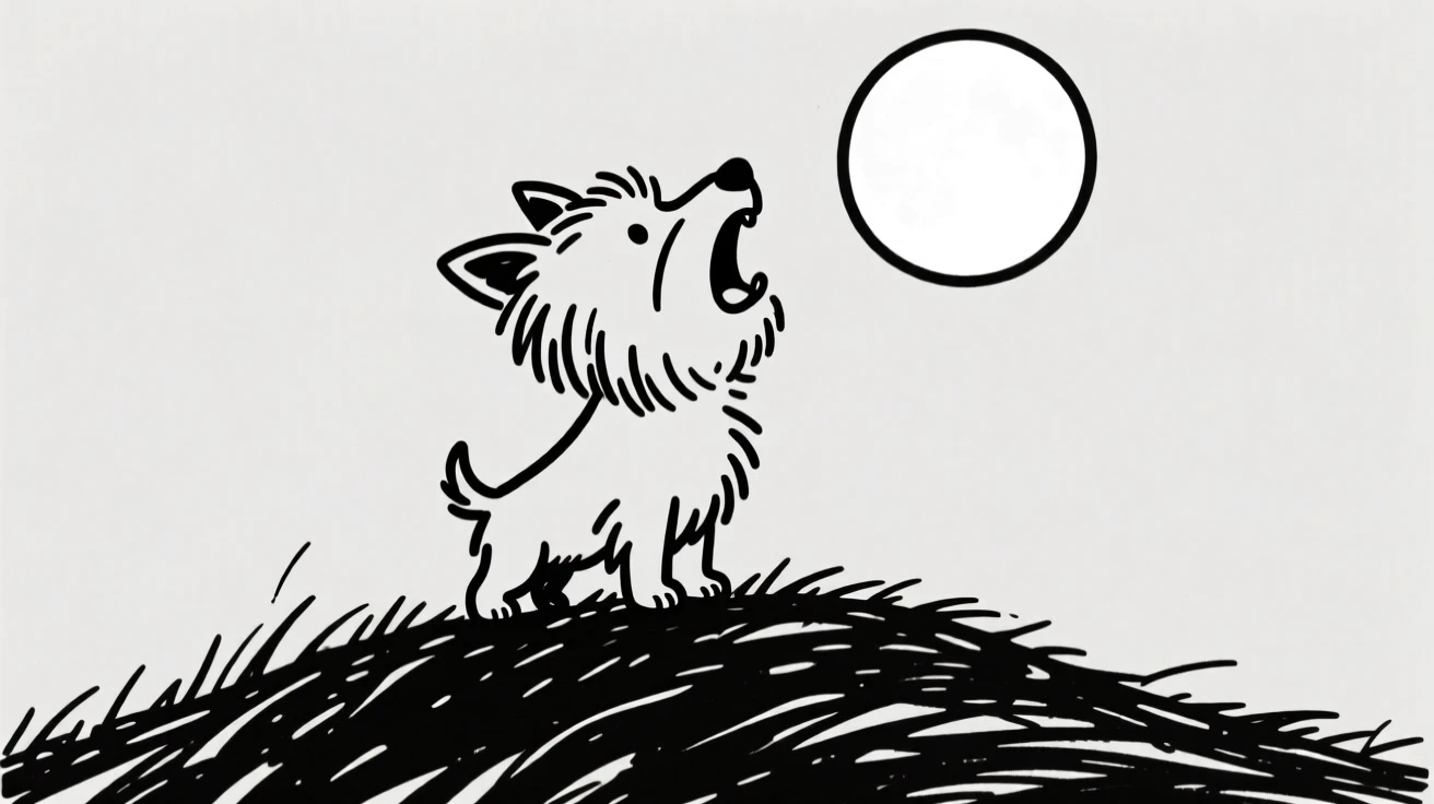 A yorkie howling at a full moon from atop a grassy hill.