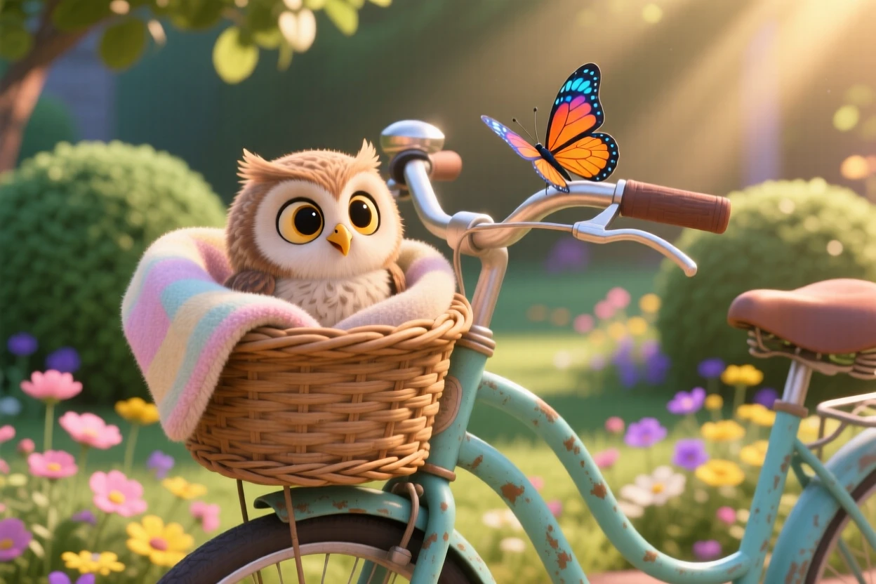 A fuzzy baby owl is sitting in a vintage bicycle basket, nuzzling against a soft blanket. The scene feels warm and heartwarming, with a small butterfly resting nearby.
