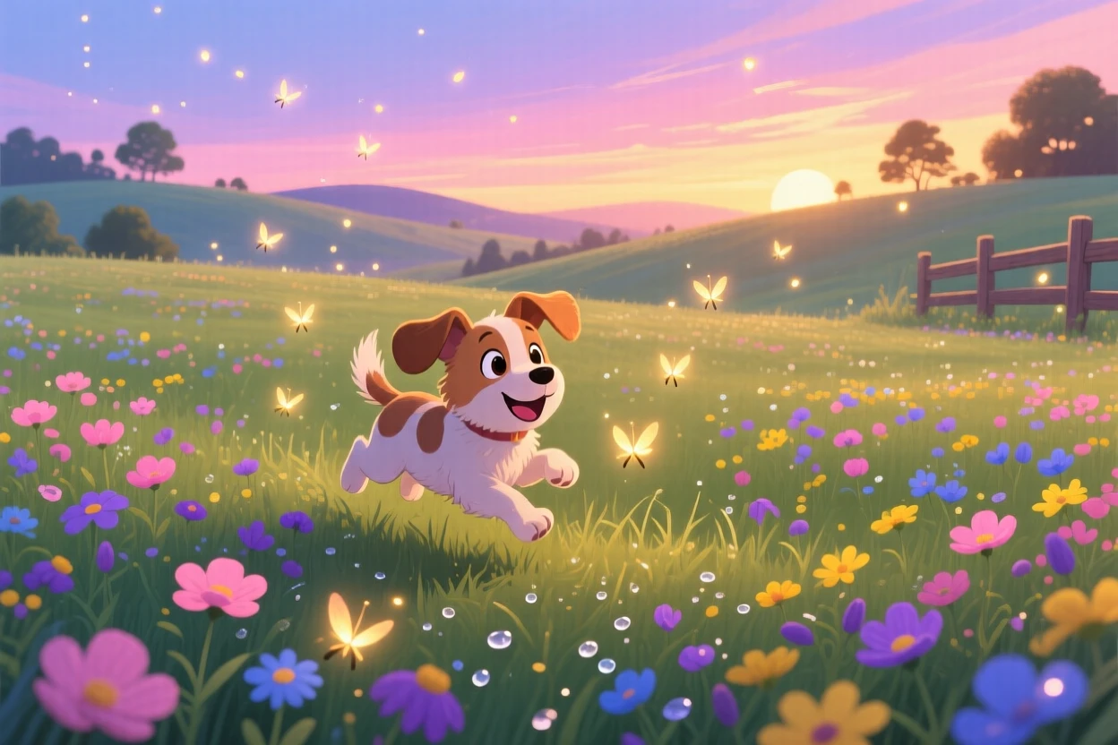 In a field of wildflowers, a bouncy puppy spends the afternoon chasing fireflies at dusk, as morning dew glistens on the grass.