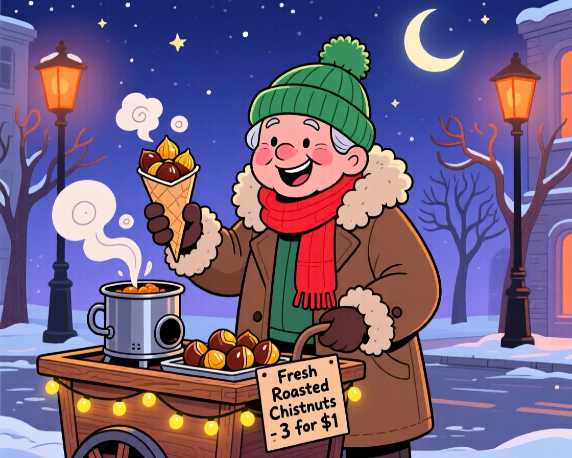 A street vendor selling roasted chestnuts on a cold evening.