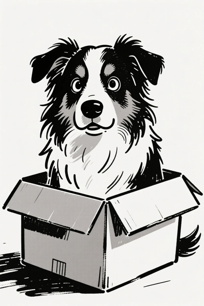 A australian shepherd sitting inside a cardboard box that is clearly too small.