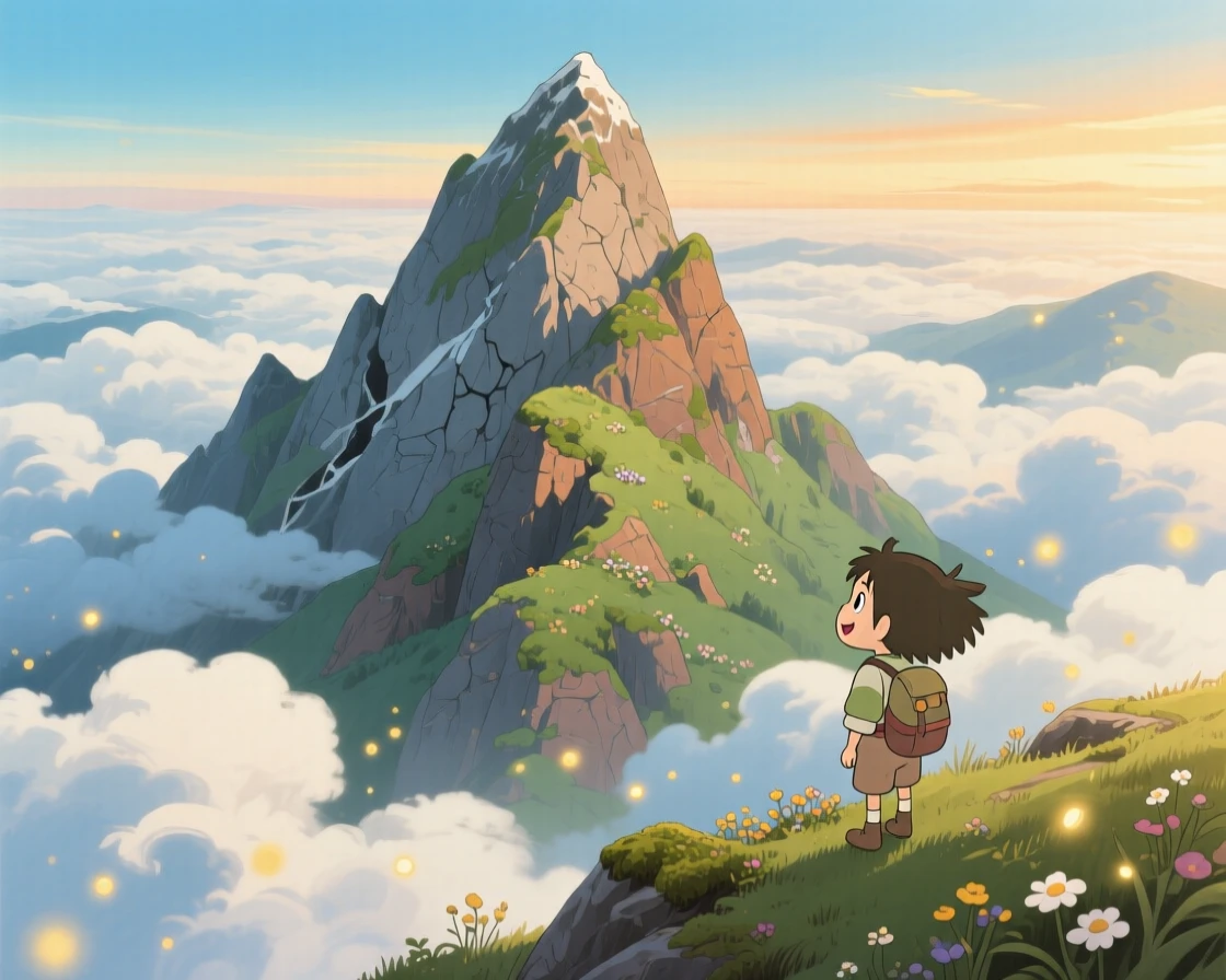 A stunning view of a rugged mountain peak piercing through a sea of clouds, seen from high above, sweeping and vast.