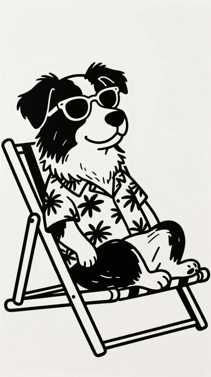 A australian shepherd wearing sunglasses and a Hawaiian shirt, lounging in a mini beach chair.