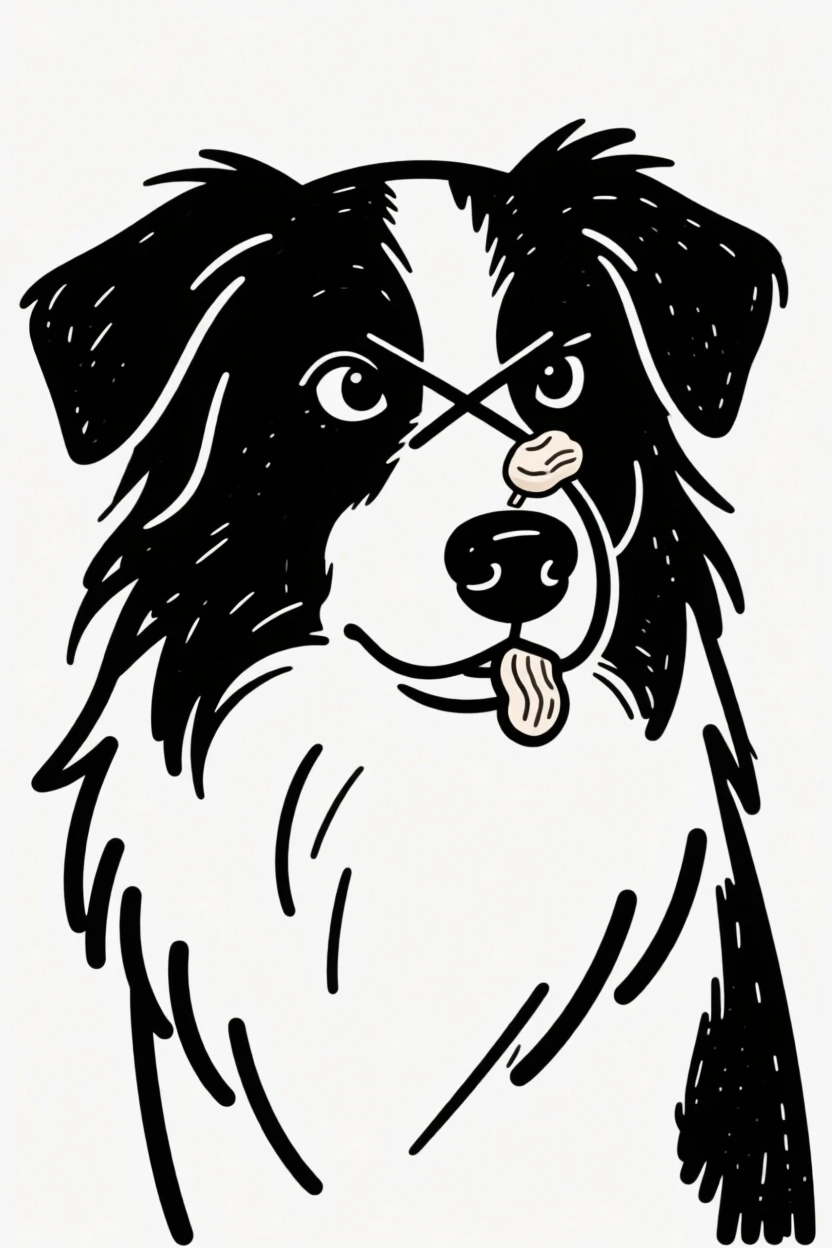 A australian shepherd balancing a treat on its nose, eyes crossed in concentration.