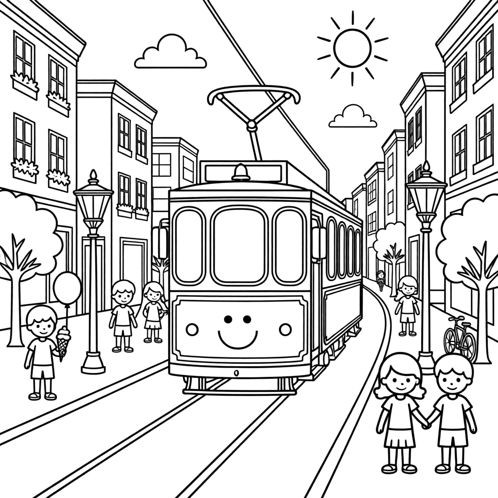 A cheerful trolley car rolling down a city street