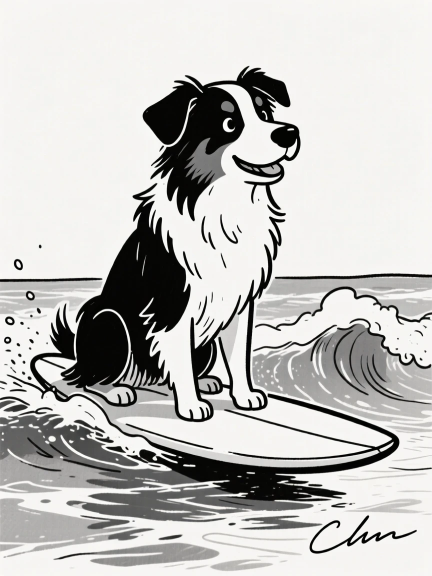 A australian shepherd sitting on a surfboard riding a small wave at the beach.