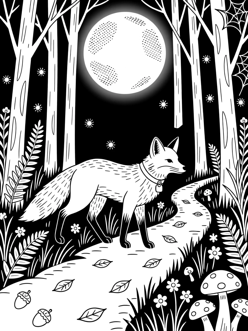 A red fox prowling through a moonlit forest, surrounded by fireflies and drifting leaves.