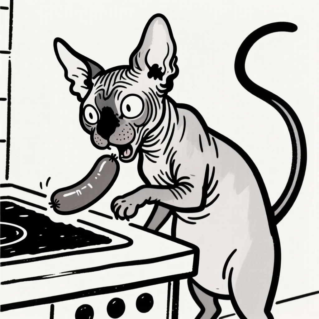 A sphynx cat stealing a sausage off a kitchen counter, caught in the act.