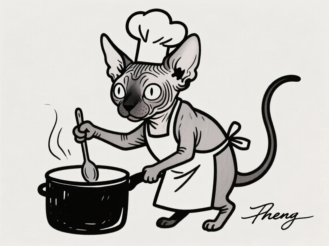 A sphynx cat dressed as a tiny chef with an apron and hat, stirring a pot.