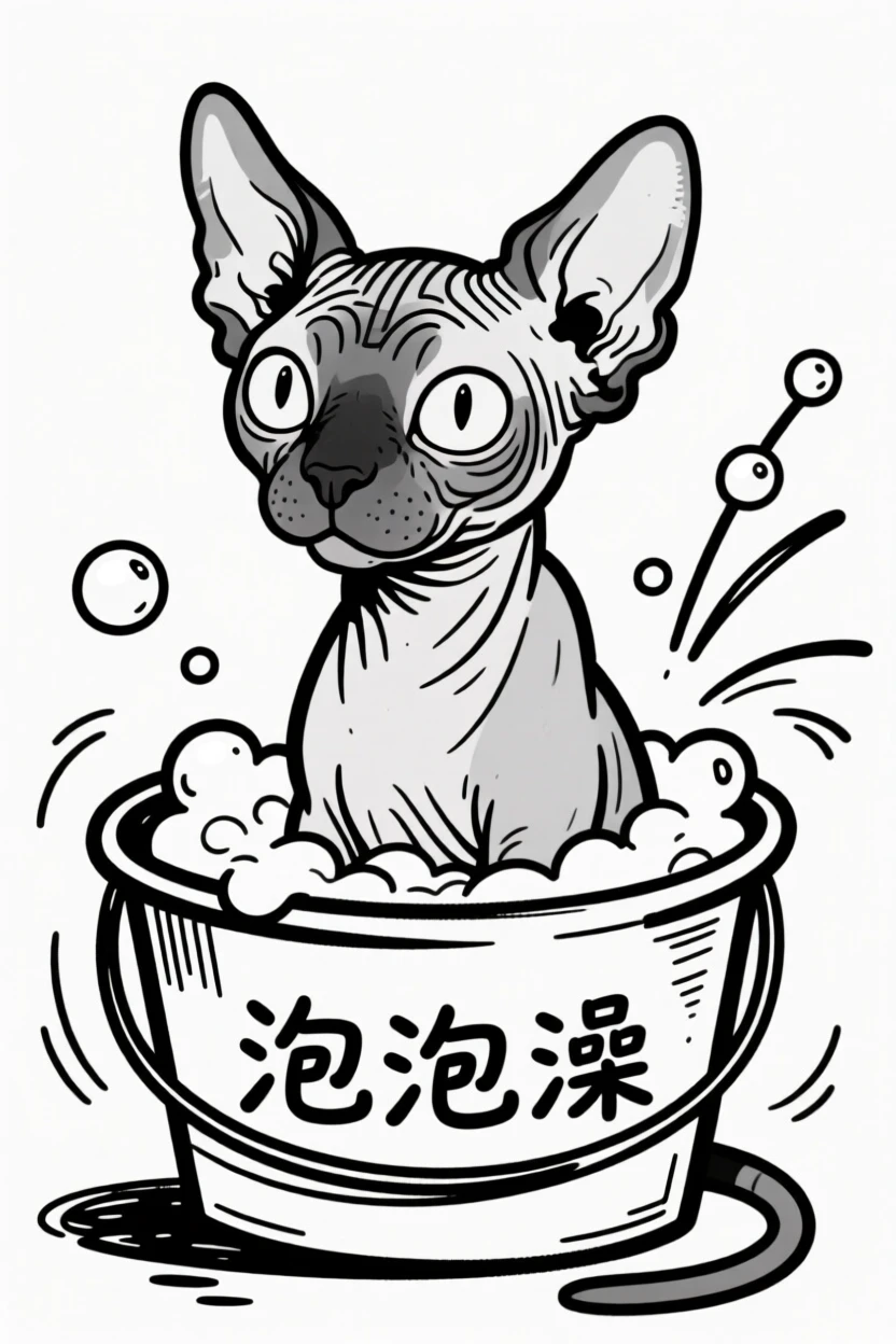 A sphynx cat getting a bath in a bucket, covered in soap bubbles.