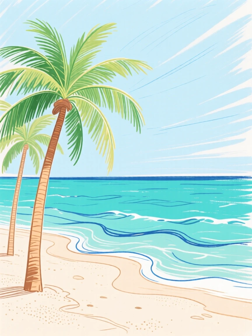 A tropical beach with palm trees and turquoise water.