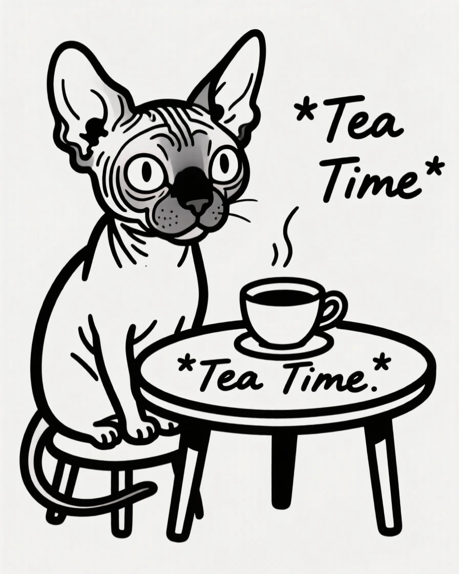 A sphynx cat sitting at a tiny table with a teacup, having a pretend tea party.