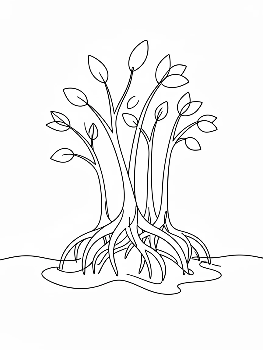 A mangrove forest with roots twisting above the shallow coastal water
