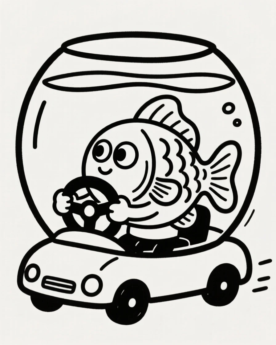 A goldfish in a bowl sitting in the driver's seat of a toy car, paws on the wheel.