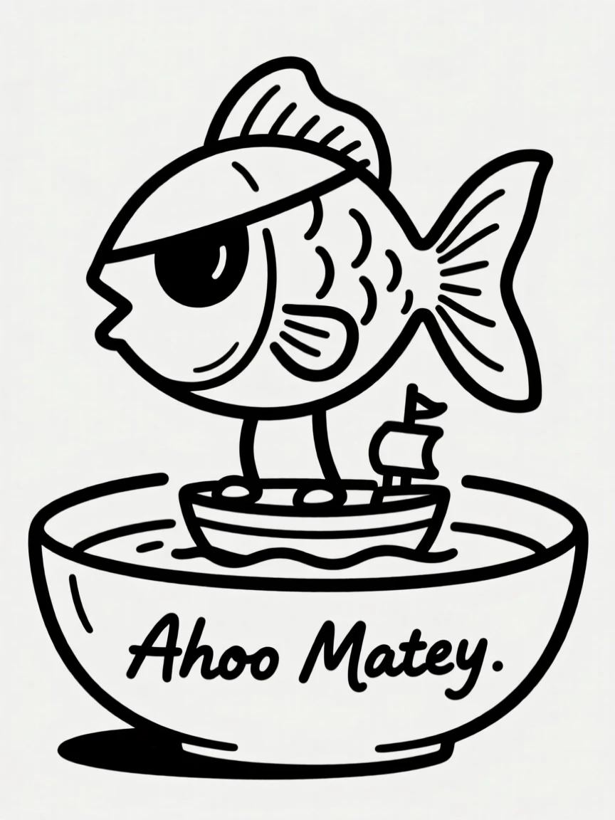 A goldfish in a bowl dressed as a pirate with an eye patch, standing on a toy ship.