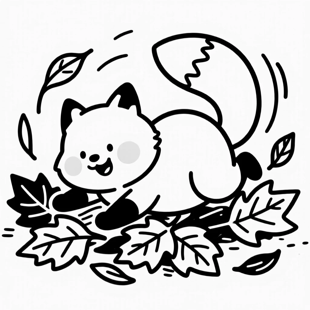 A chubby baby fox character rolling in a pile of autumn leaves.