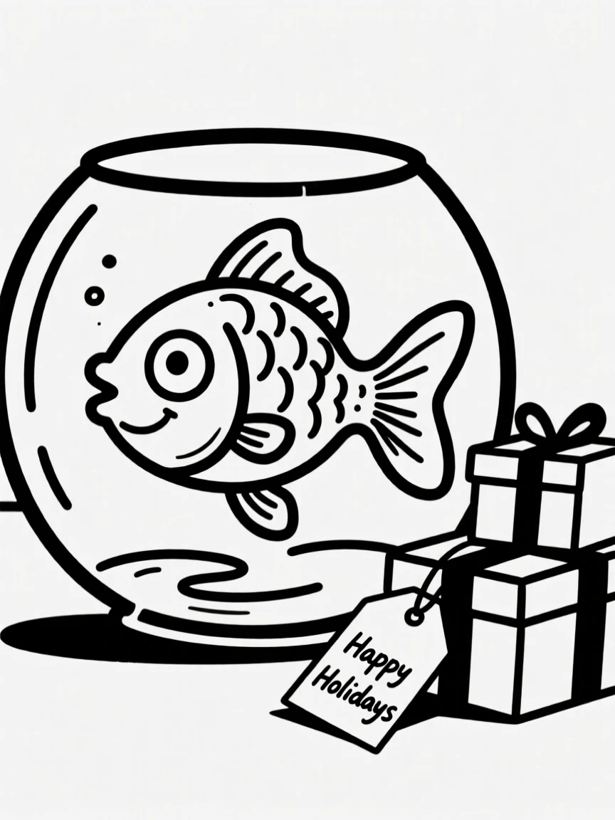 A goldfish in a bowl wearing reindeer antlers, sitting beside wrapped holiday gifts.