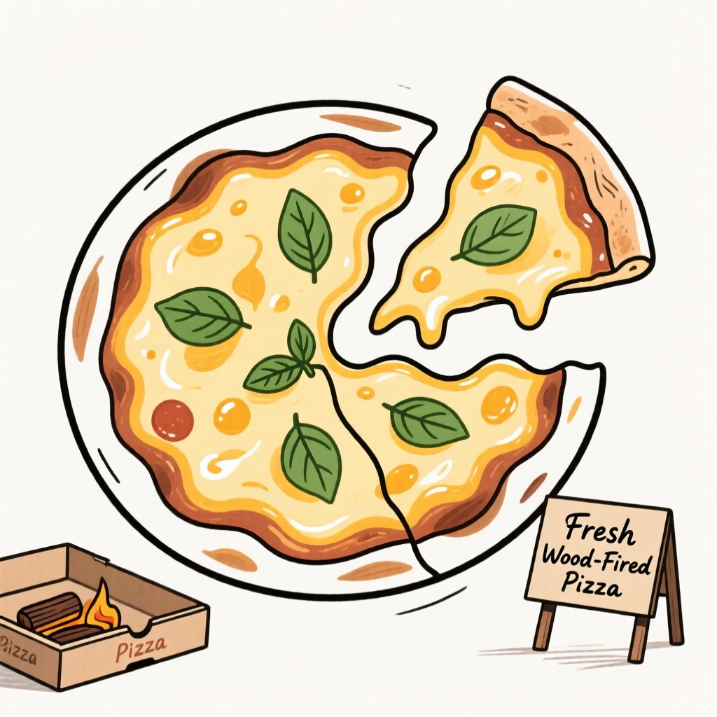 A wood-fired pizza fresh out of the oven topped with melted cheese and basil.