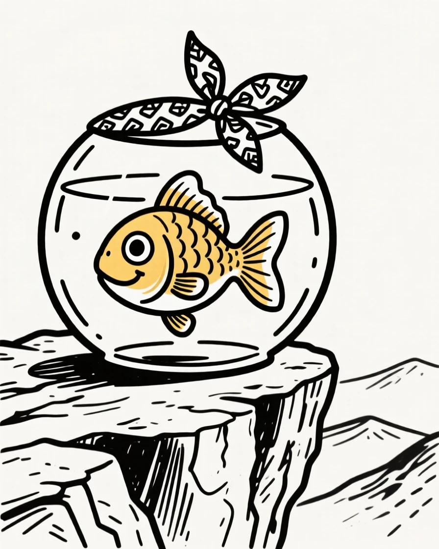 A goldfish in a bowl wearing a bandana, sitting proudly on a hiking trail overlook.
