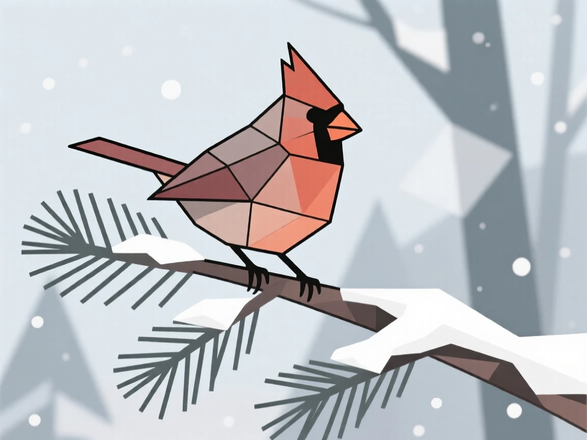 A cardinal sitting on a snow-dusted pine branch