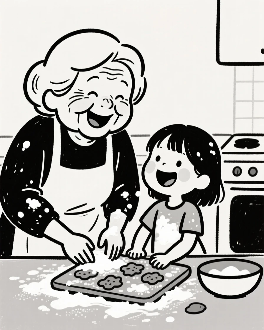 A grandmother teaching her young granddaughter how to bake cookies, both covered in flour, laughing together in a warm kitchen.