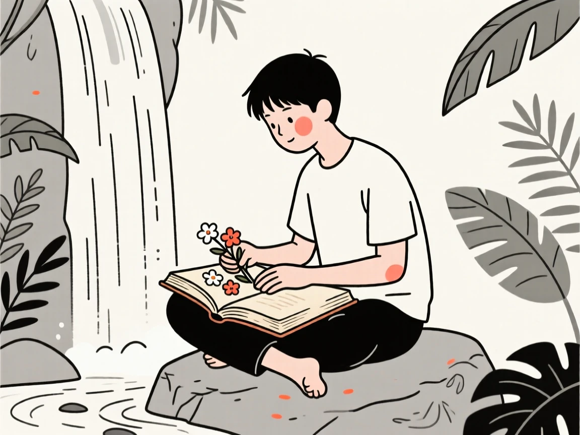 A young man of Chinese heritage pressing flowers in an old book, by a waterfall in the jungle.