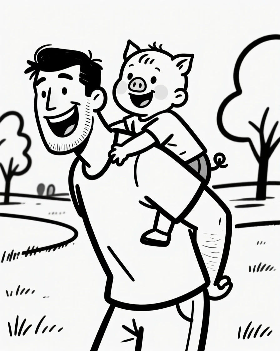 A father giving his toddler son a piggyback ride through a park, both grinning wide.
