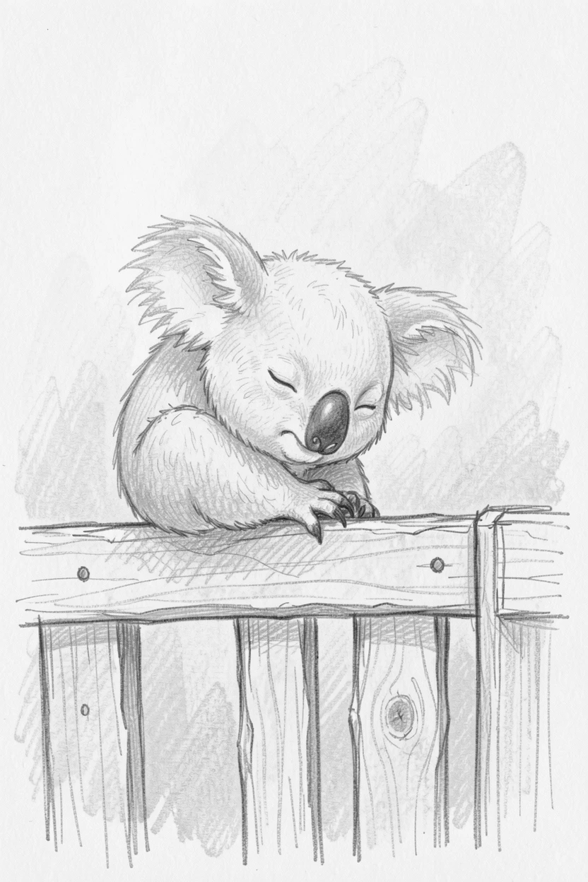 A heartwarming scene of a sleepy koala perched on an old wooden fence, framed by soft morning mist.