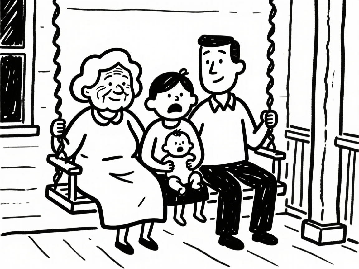 Three generations of a family posing together on a porch swing, from great-grandmother to baby.