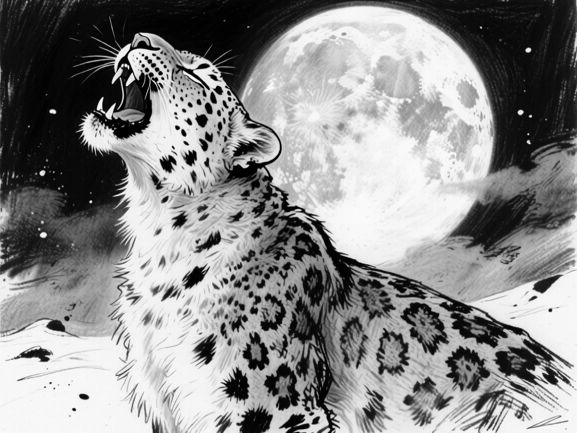 A snow leopard howling at a full moon.