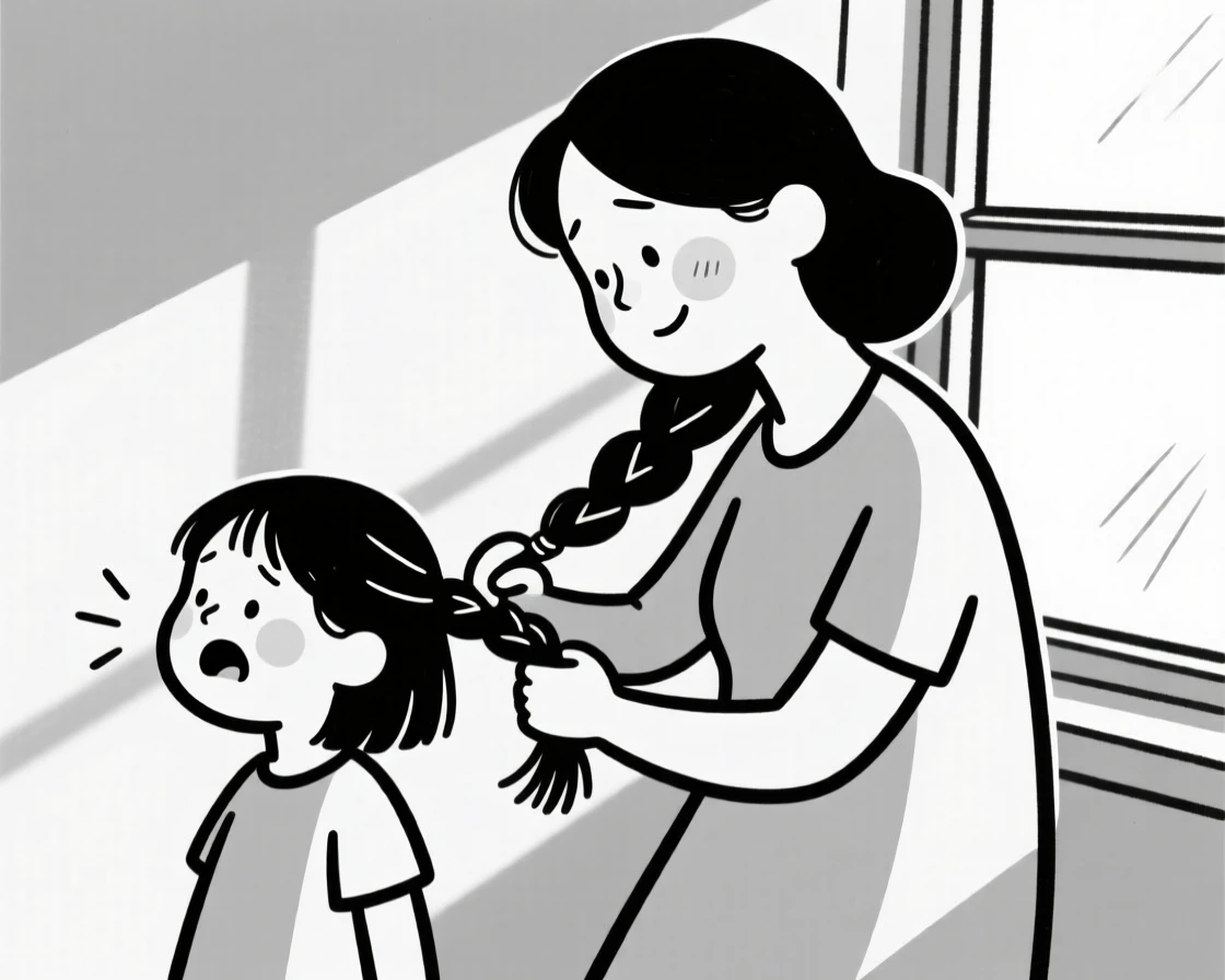 A mother braiding her daughter's hair on a Sunday morning, sunlight streaming through the window.